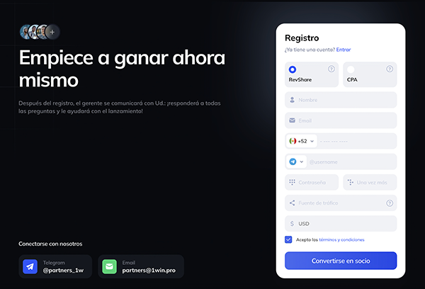 Registro afiliados 1win partners