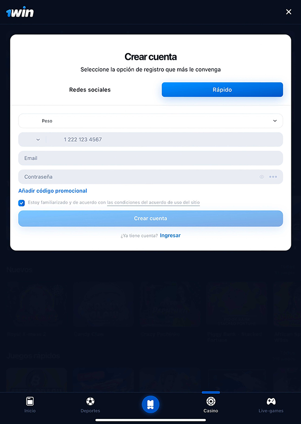 registro en app 1win